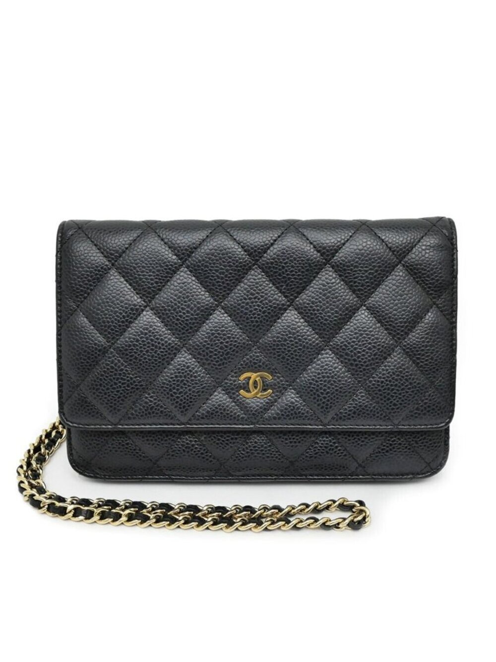 Chanel Quilted Chain Wallet Black Gold Caviar Leather Shoulder Bag